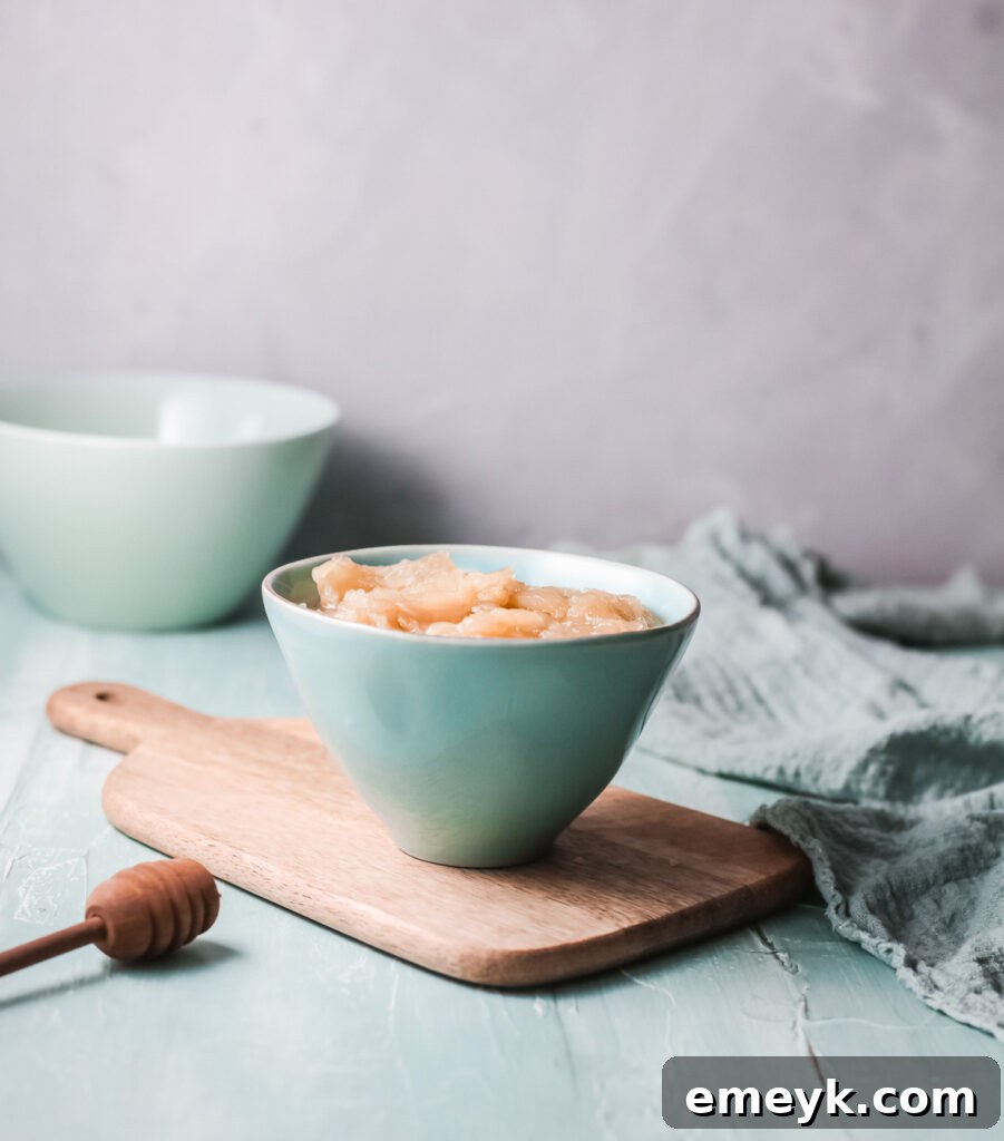 A bowl of warm Instant Pot Applesauce, perfectly mashed to a desirable consistency.