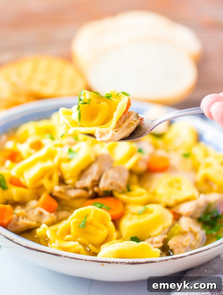 Comforting Chicken Tortellini Soup 7 A close-up of a spoonful of Chicken Tortellini Soup, showcasing the tender chicken, pasta, and vegetables.