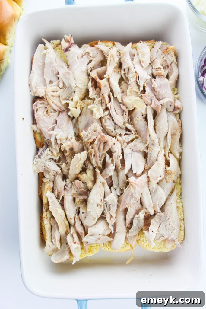 Simple Savory Chicken Sliders 8 Shredded chicken layered on slider buns
