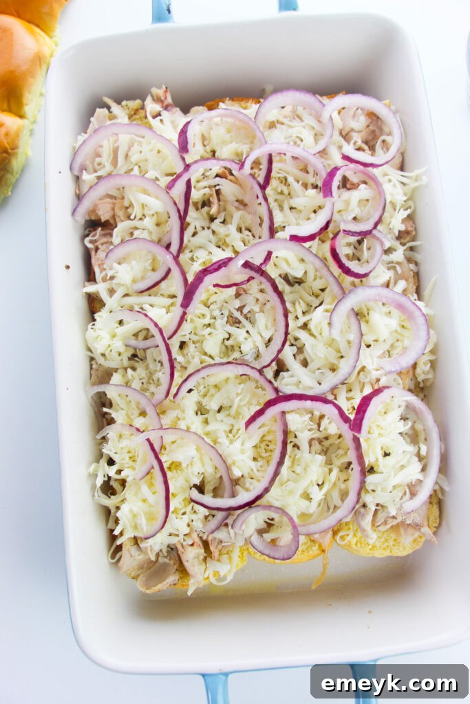 Simple Savory Chicken Sliders 10 Sliced red onions on top of cheese and chicken