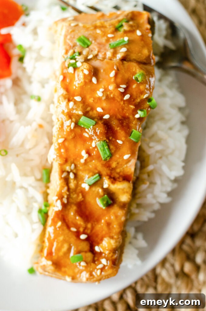Perfect Glazed Teriyaki Salmon 8 Teriyaki Salmon served with a side of white rice, garnished with green onions and sesame seeds