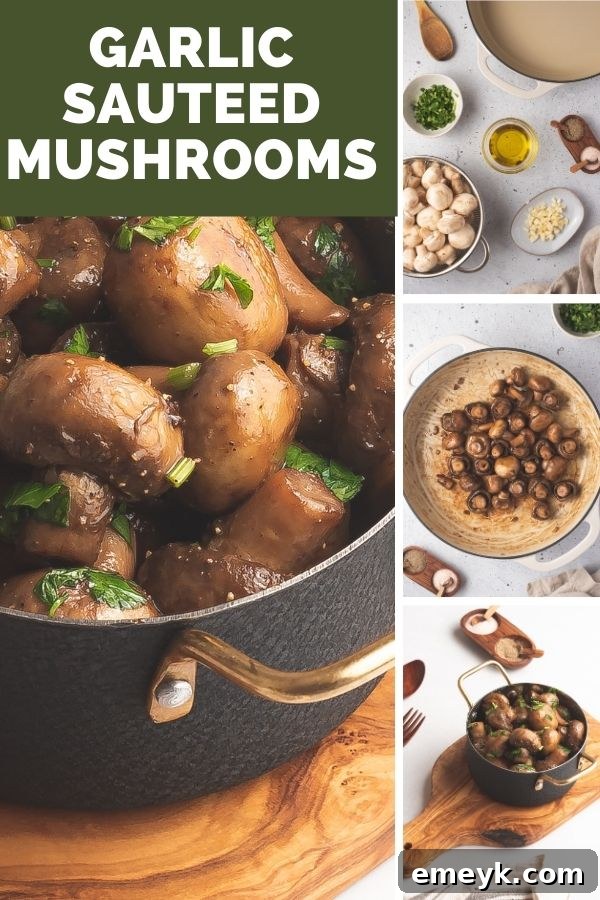 Golden Garlic Mushrooms 9 A collage of garlic sautéed mushrooms, showcasing various stages of cooking and presentation.