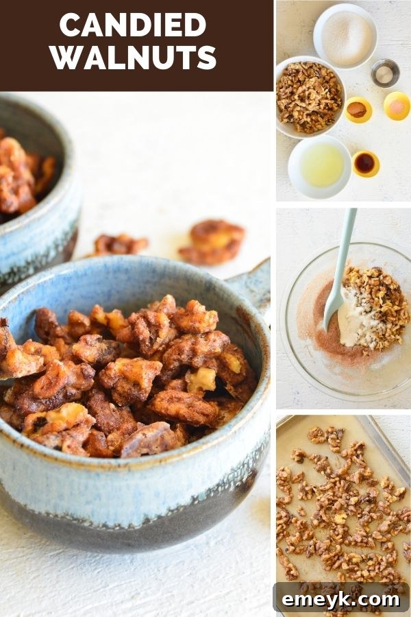 A collage featuring various stages of making and serving Easy Candied Walnuts, from ingredients to finished product in a teal bowl.