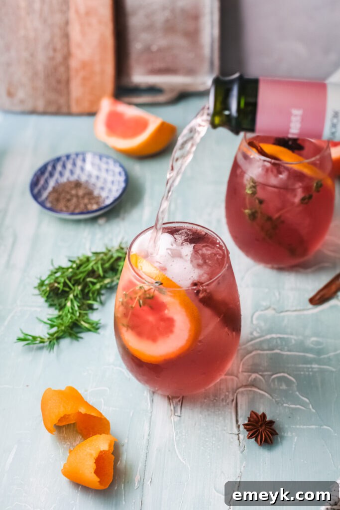 An elegant glass of Cranberry Wine Spritzer, enhanced with champagne, beautifully garnished and posed for a festive toast.