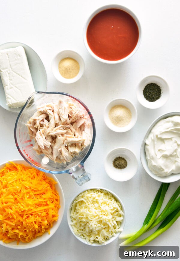 All fresh ingredients neatly arranged for making Buffalo Chicken Dip
