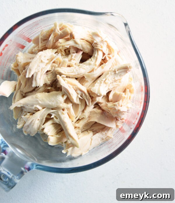 Bowl of perfectly shredded cooked chicken, ready to be added to the dip