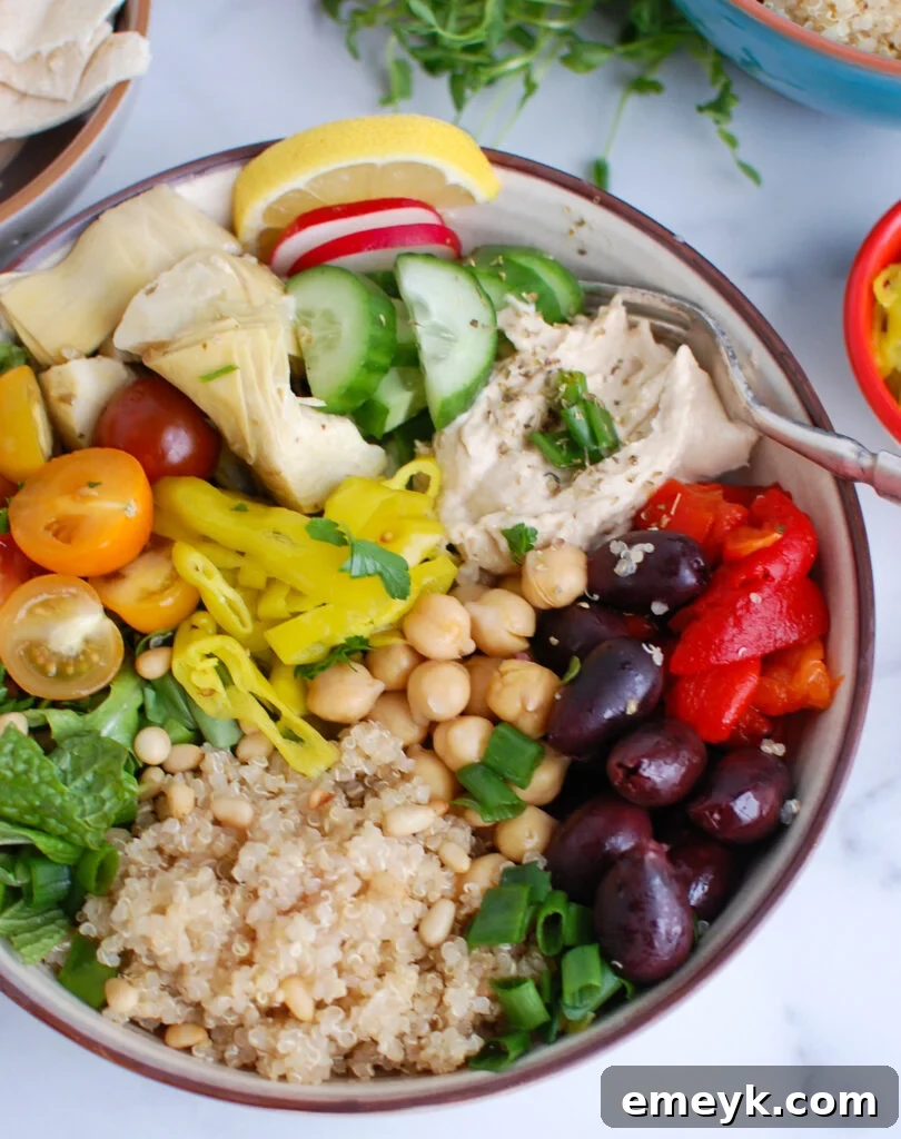 Greek Quinoa Bowl Recipe with creamy hummus