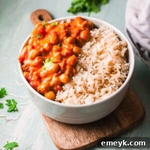 Creamy Chickpea Curry served in a white bowl.