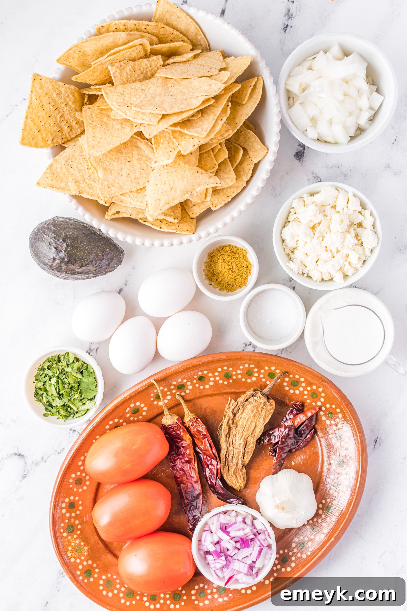 Recipe ingredients for Chilaquiles Rojos laid out on a white surface.