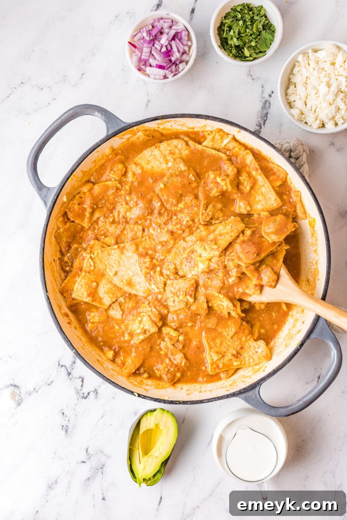 Chilaquiles Rojos Recipe: Chips coated with red sauce in a skillet.