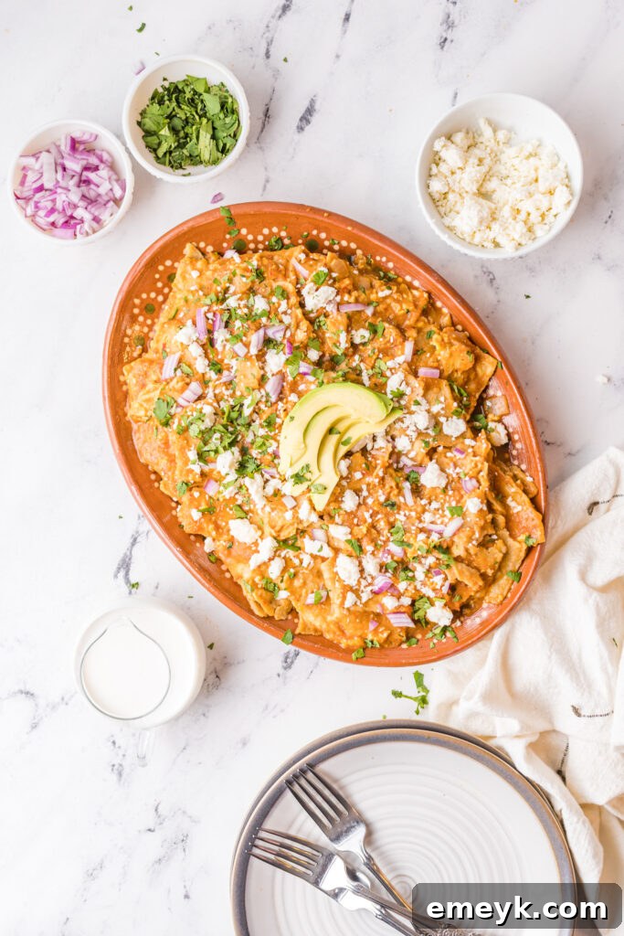 Chilaquiles Rojos Recipe on a plate with garnishes and avocado.