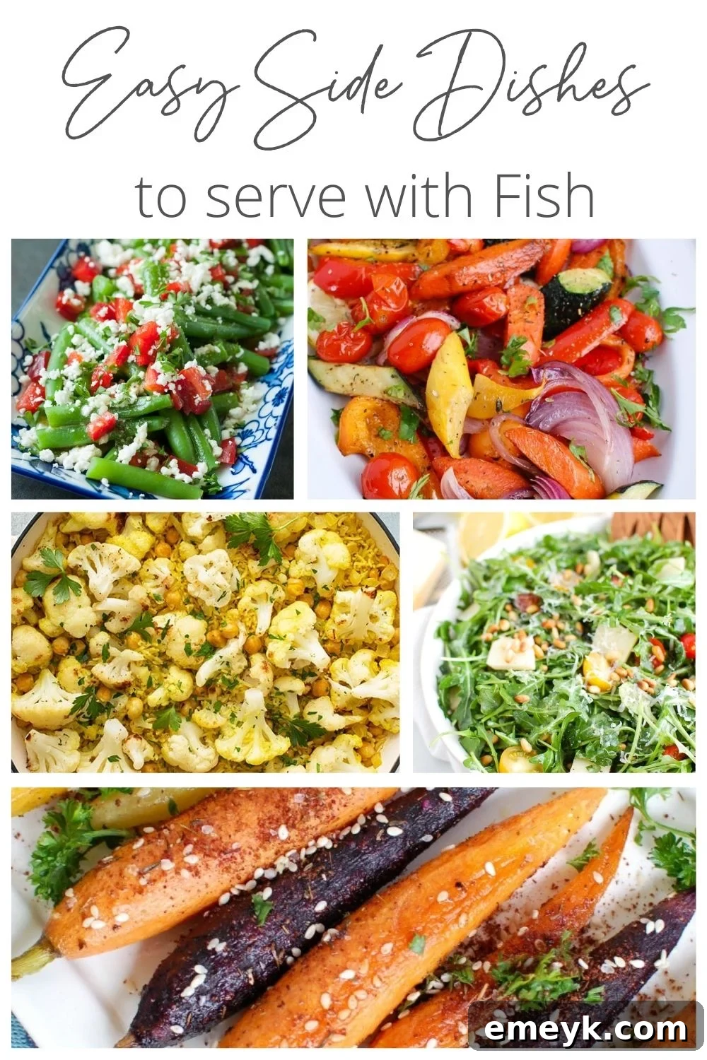 17 Effortless Sides to Elevate Your Fish Meal 2 A vibrant selection of 17 easy side dishes for fish, including fresh salads, roasted vegetables, and hearty grains.
