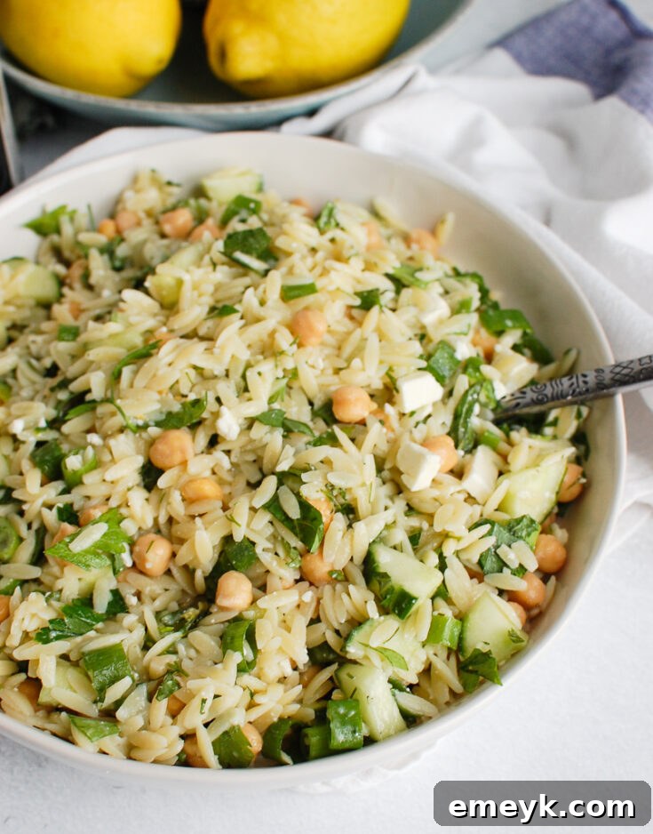 17 Effortless Sides to Elevate Your Fish Meal 5 Hearty Chickpea Salad with orzo, cucumbers, and feta.