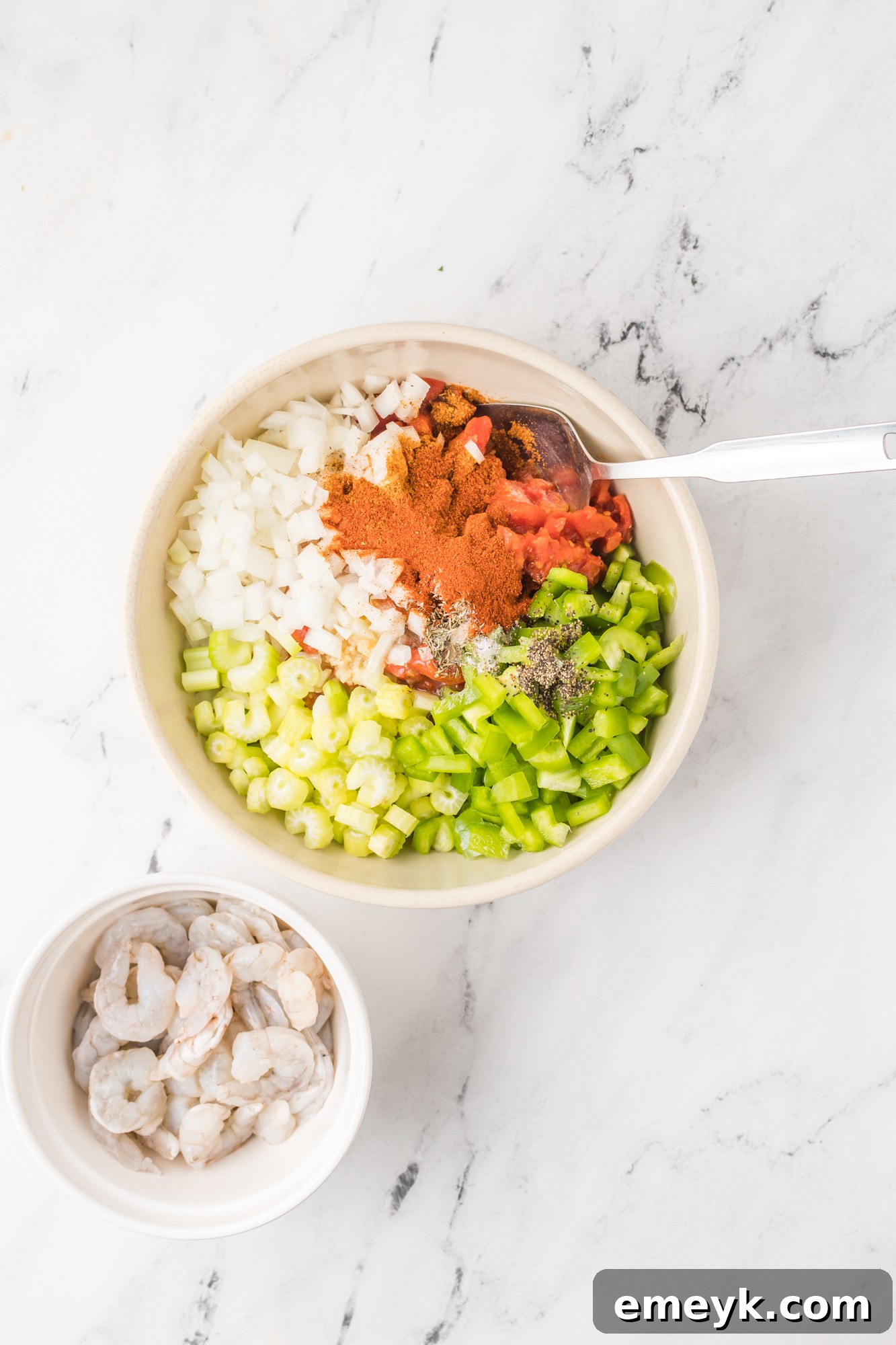 Shrimp Creole Recipe ingredients in a bowl.