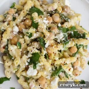 Chickpea Pasta Recipe with Feta in a square format.