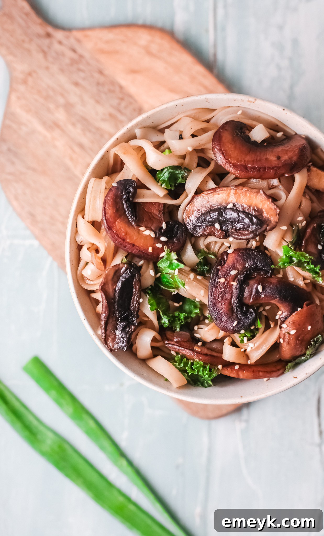 Close-up of Easy Korean Noodles Recipe with green onions and sesame seeds.