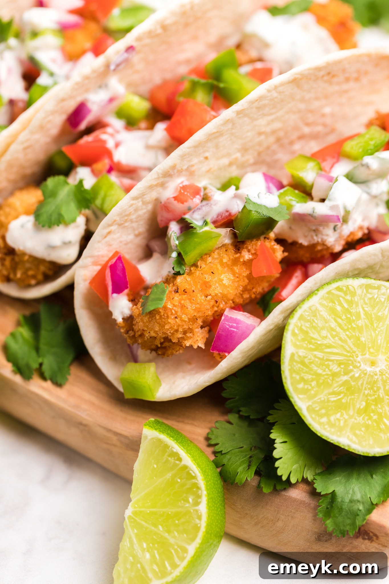 Crispy Air Fryer Tilapia 3 Air Fryer Tilapia served in tacos with fresh toppings.