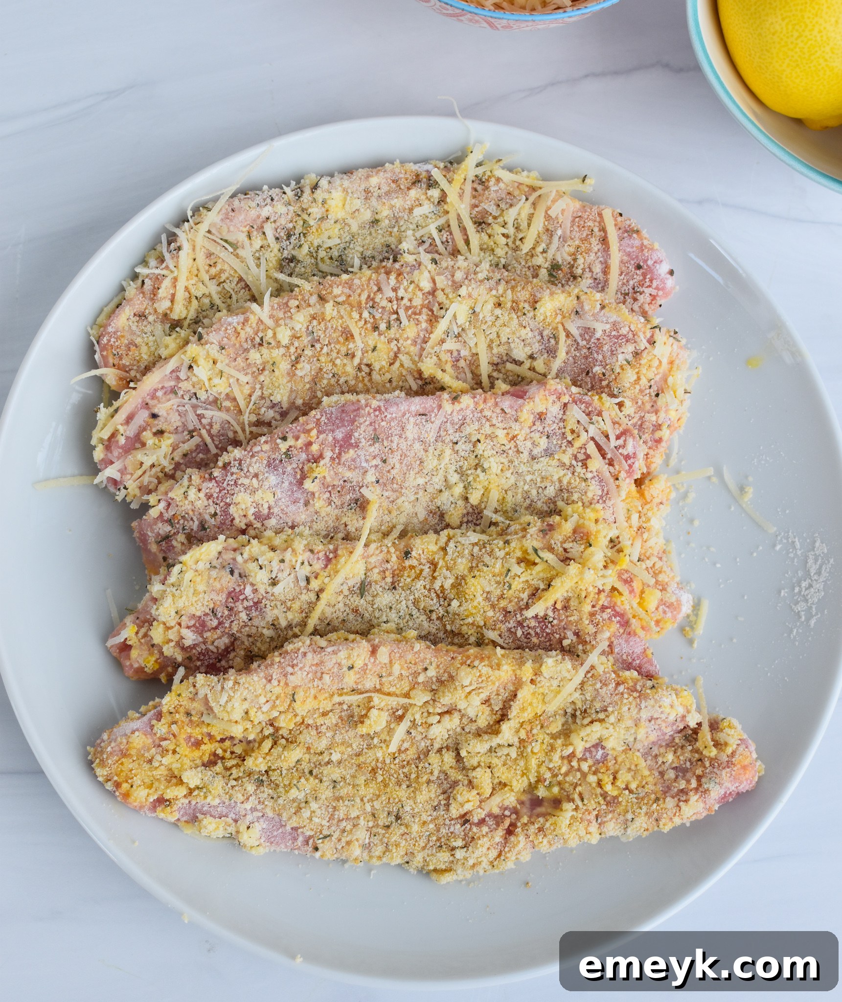 Veal scaloppine generously coated in breadcrumbs, spices, and Parmesan cheese, ready for frying.