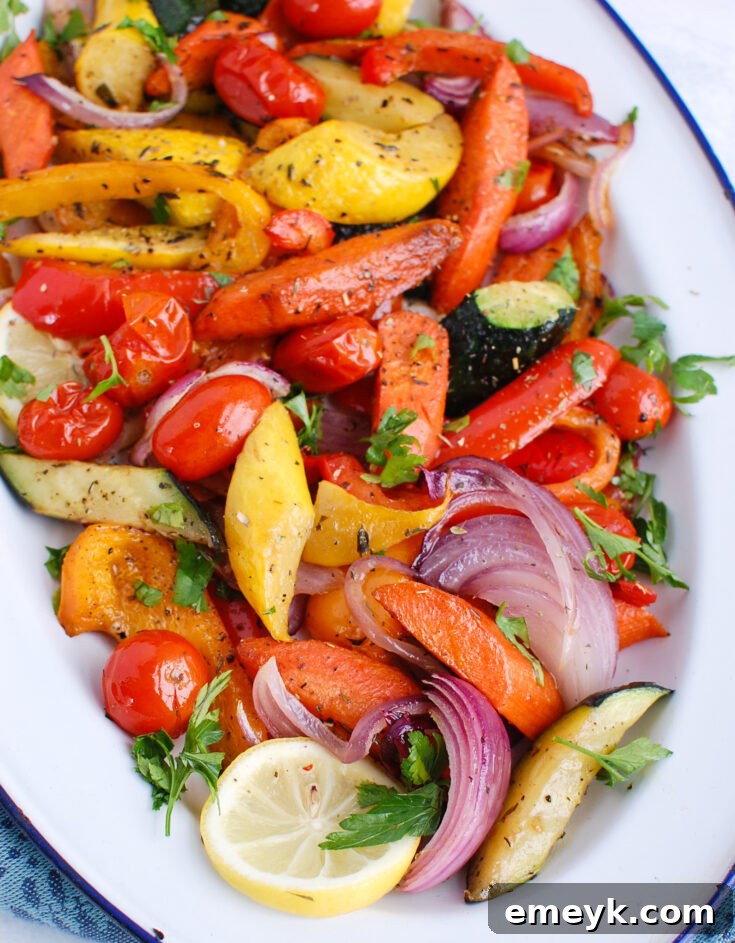 Flavorful Mediterranean Roasted Vegetables seasoned with oregano, thyme, and lemon juice.