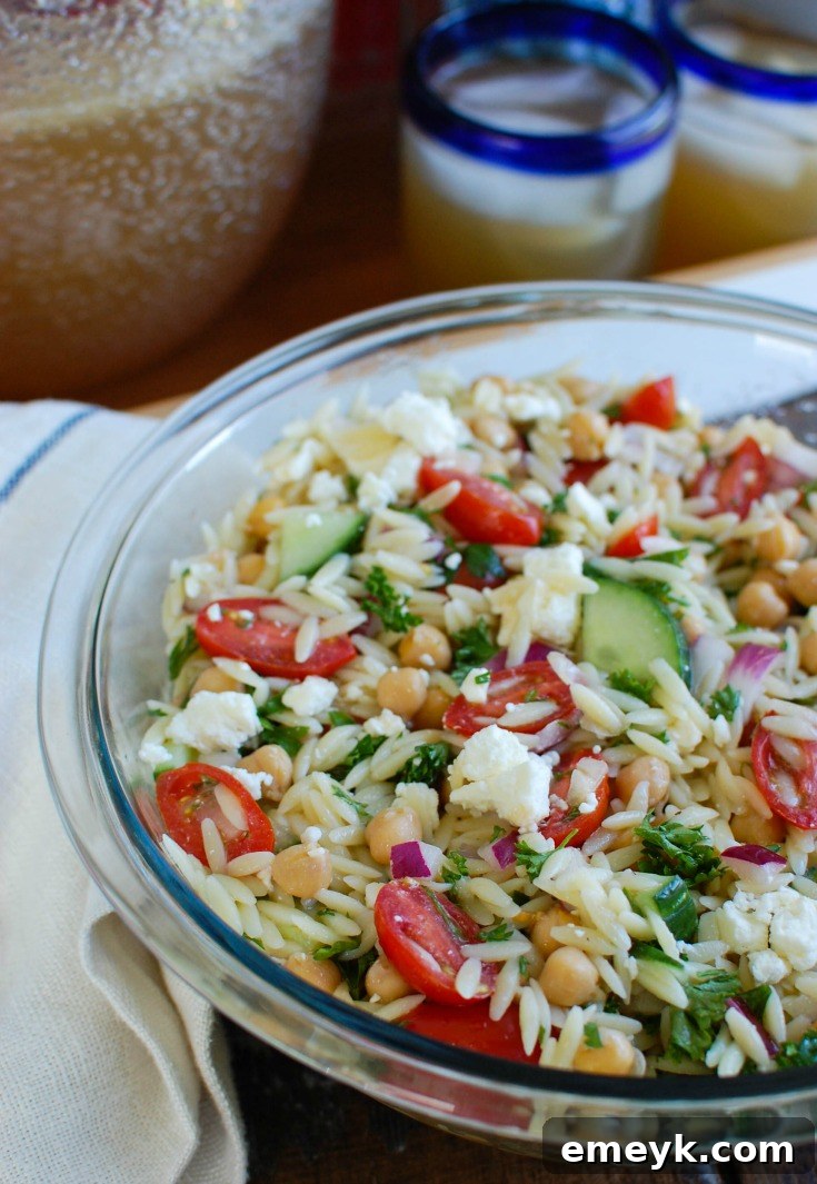 Summer Orzo Pasta Salad with chickpeas, feta cheese, and crisp summer vegetables.