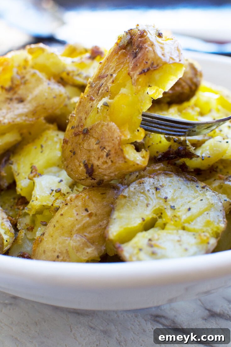 Greek Style Crispy Smashed Potatoes, soft in the middle and crispy on the outside.