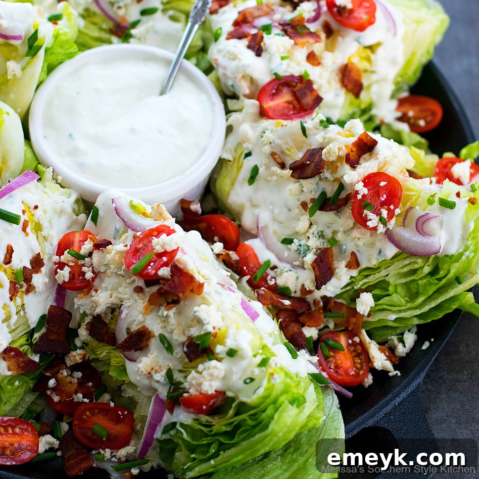 Classic Wedge Salad with homemade blue cheese dressing, bacon, and tomatoes.
