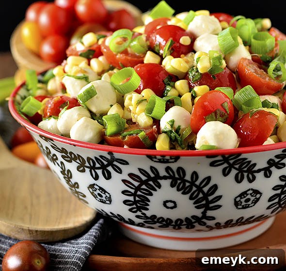 Sweet Corn Caprese Salad, a fun and simple twist on the classic Caprese.