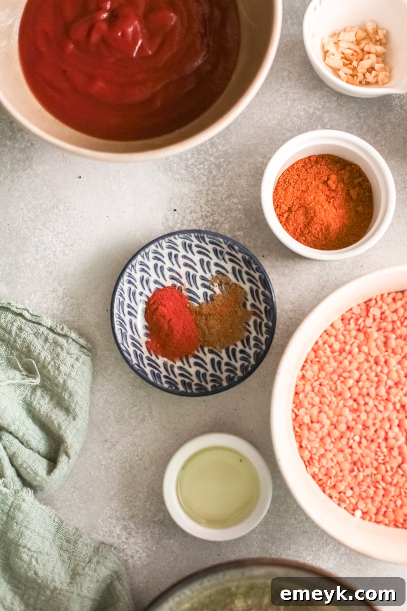 Various fresh ingredients laid out for making Red Lentil Curry.