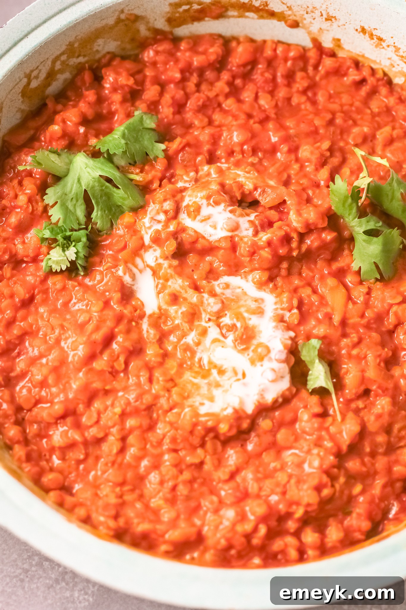A close-up of finished Red Lentil Curry garnished with fresh parsley.