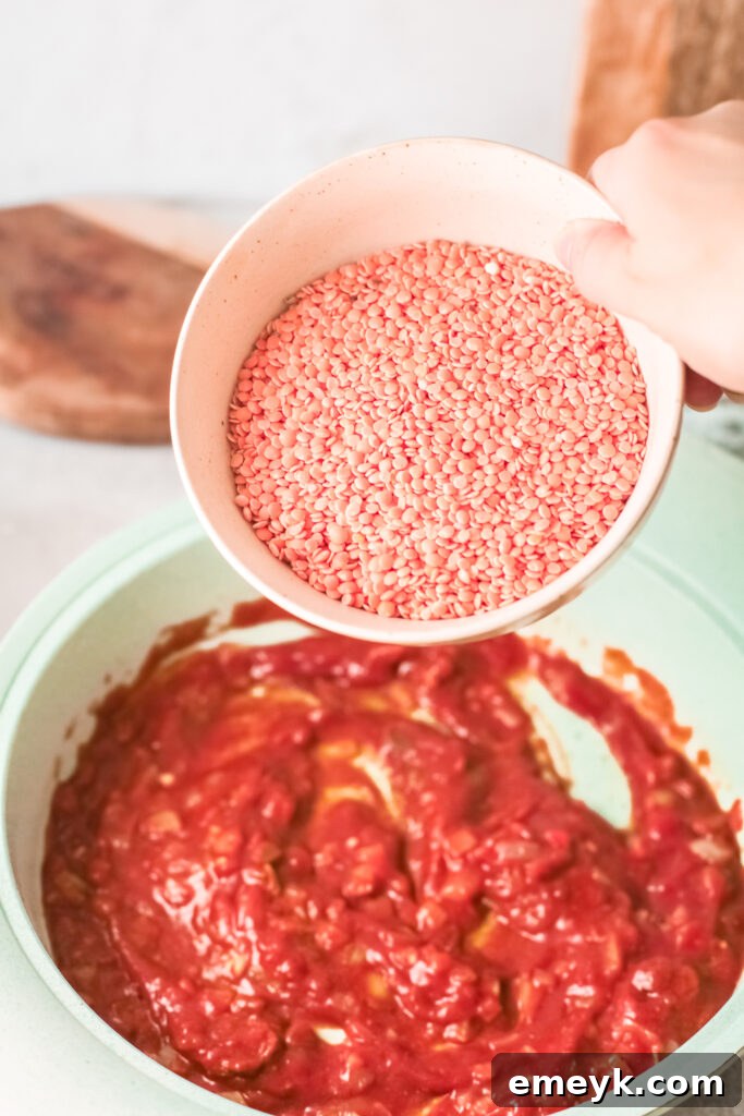 Red lentils cooking in vegetable broth with the spice mixture.