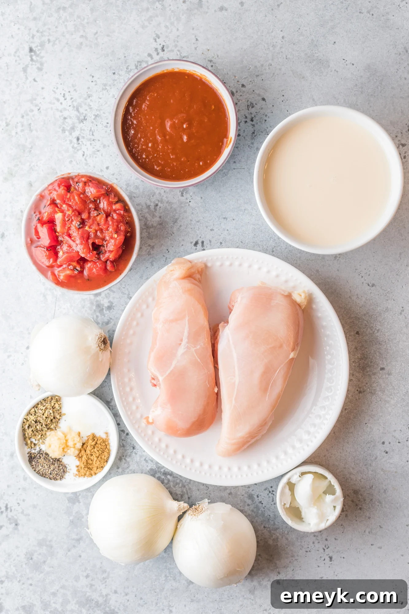 A selection of fresh ingredients neatly arranged, ready for preparing Chicken Tinga.