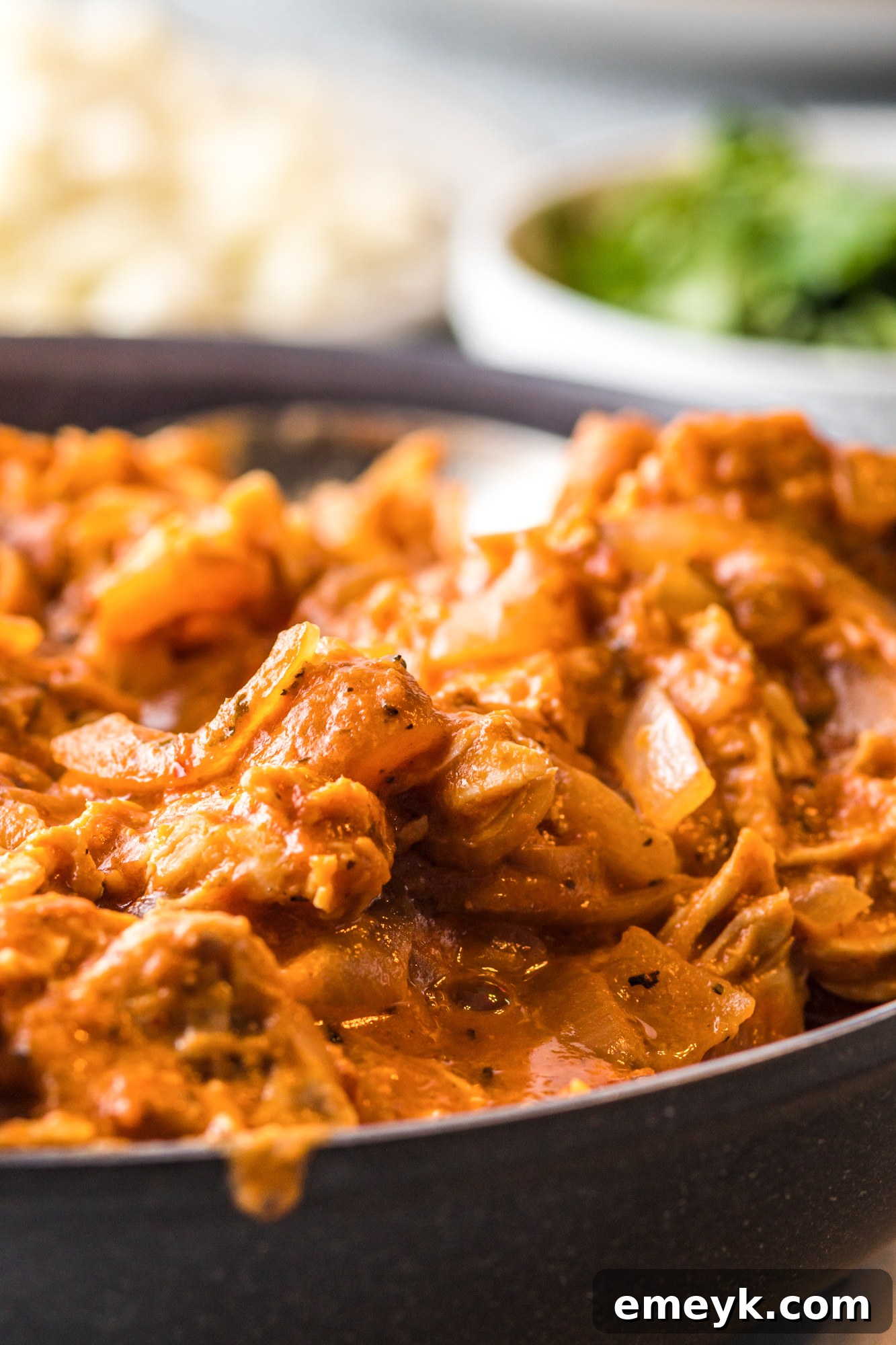 A large spoon lifting a portion of Chicken Tinga from a pot, showing its consistency and readiness to be served.