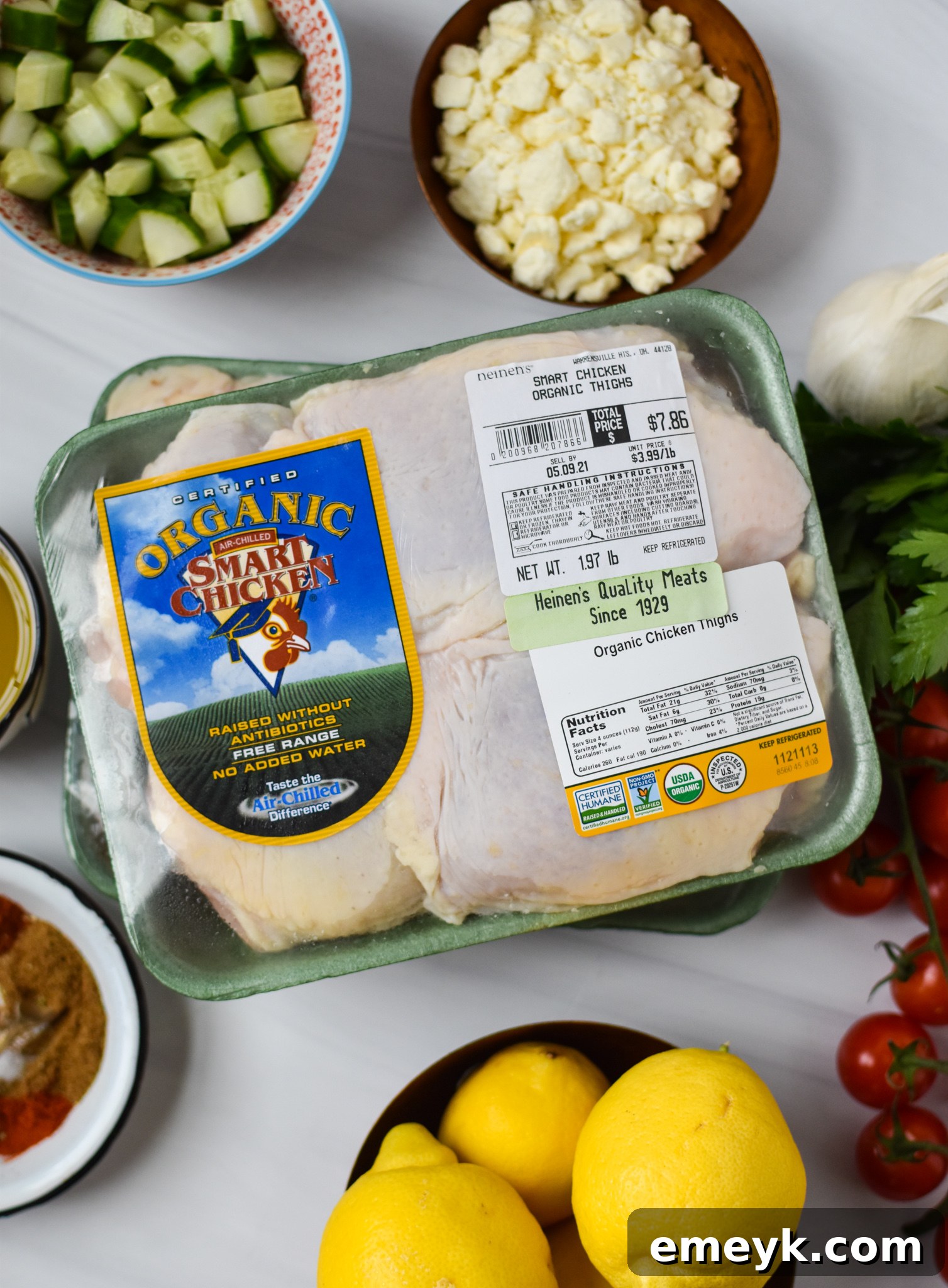 A selection of fresh ingredients for Air Fryer Mediterranean Chicken Thighs and salad.