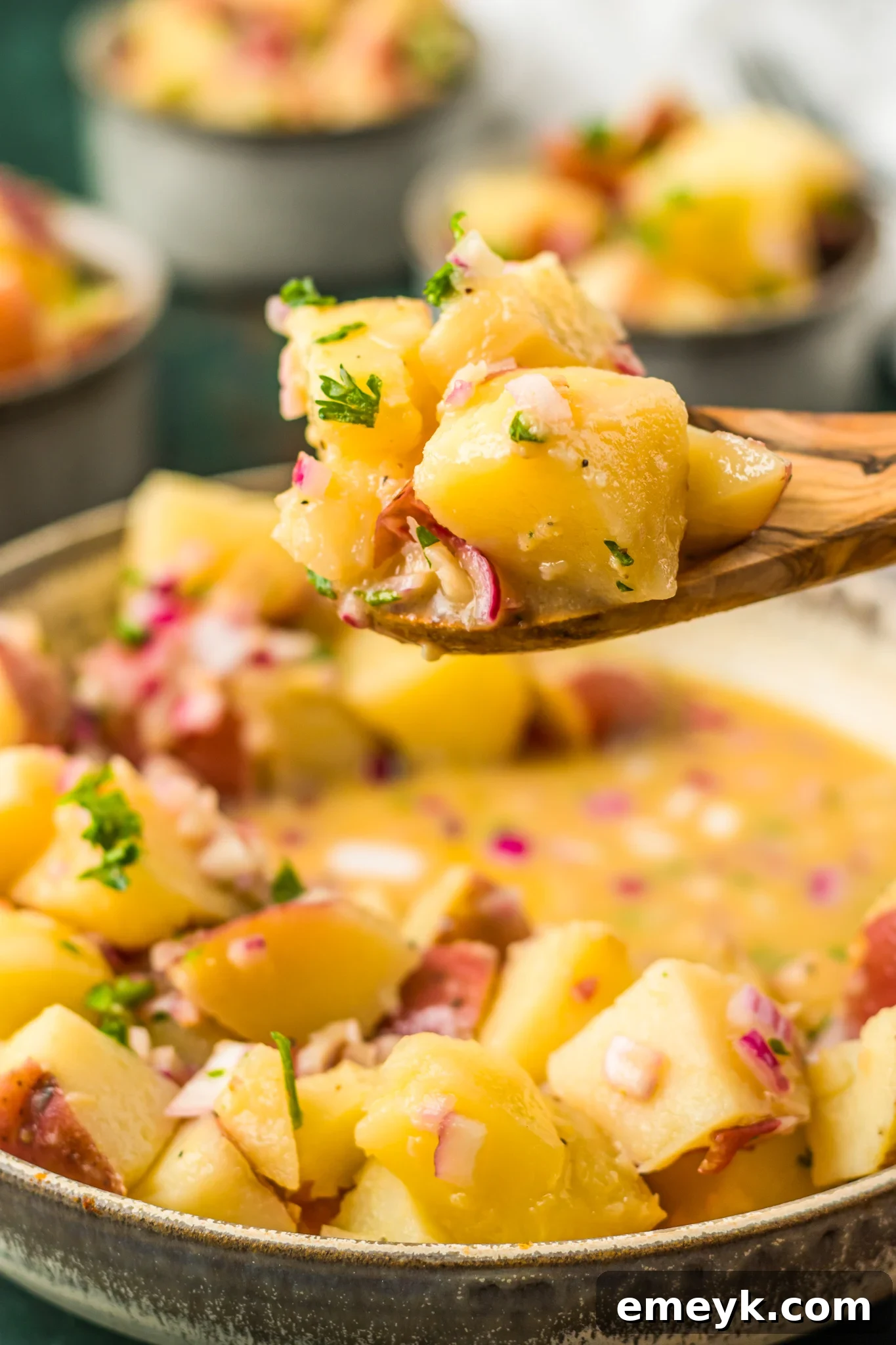 Authentic German Potato Salad 2 A bowl of delicious German Potato Salad with a spoon, highlighting the warm red potatoes, fresh parsley, and crispy bacon.