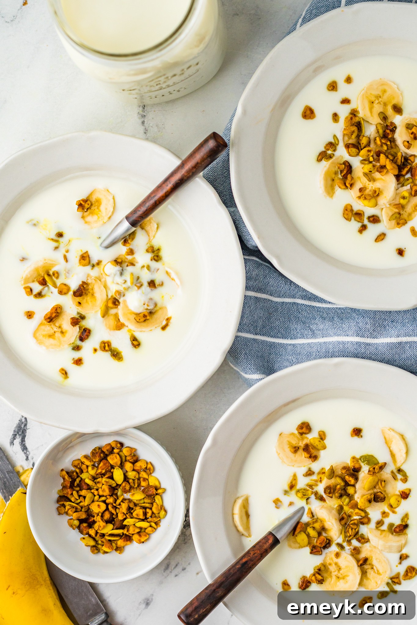 Overhead shot of two bowls of Instant Pot Yogurt, one topped with granola and berries, showcasing its versatility.