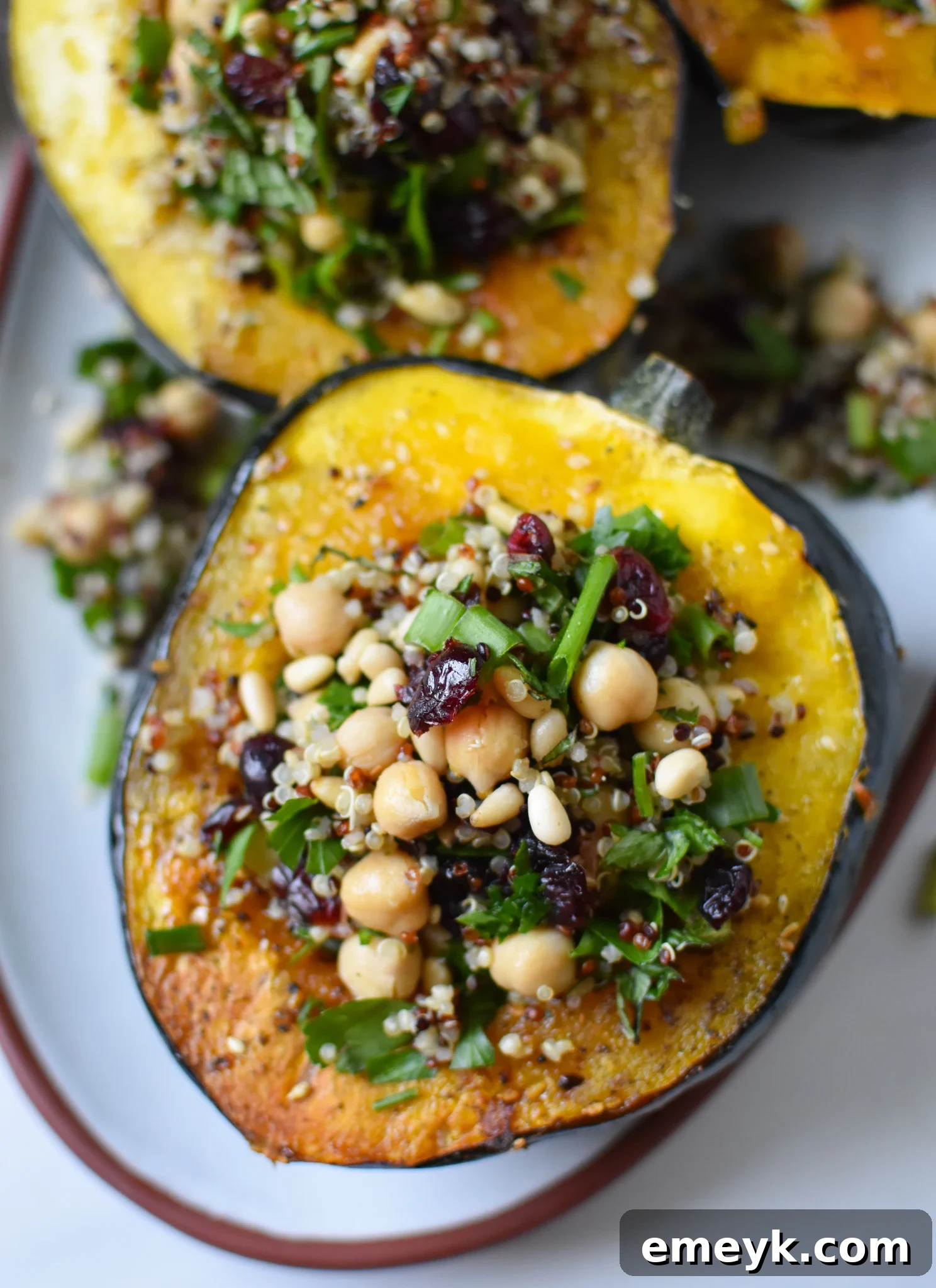Mediterranean Stuffed Acorn Squash with chickpeas and cranberries, ready to serve.