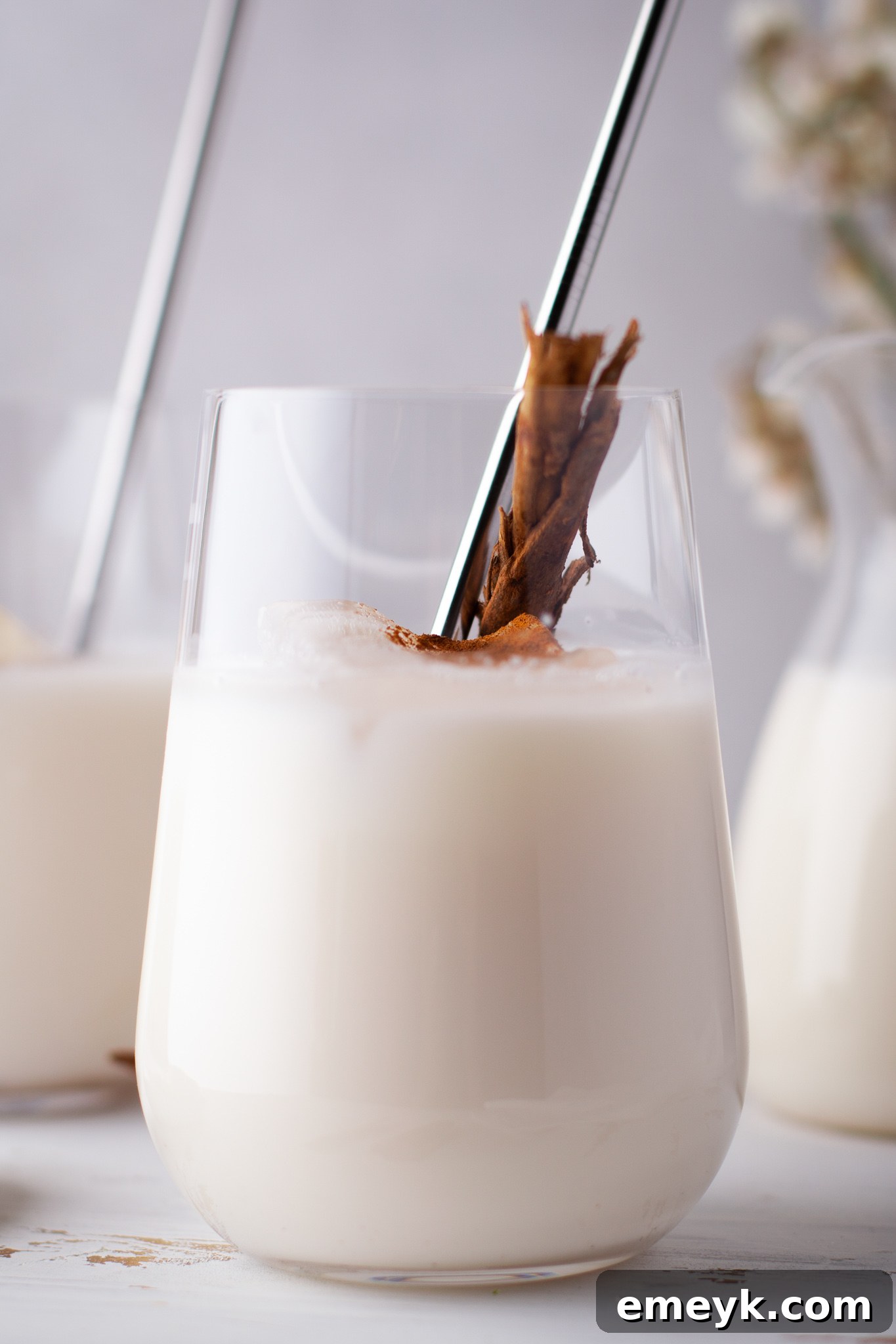 Creamy Homemade Horchata 2 Horchata Recipe in a glass cup, garnished with cinnamon.