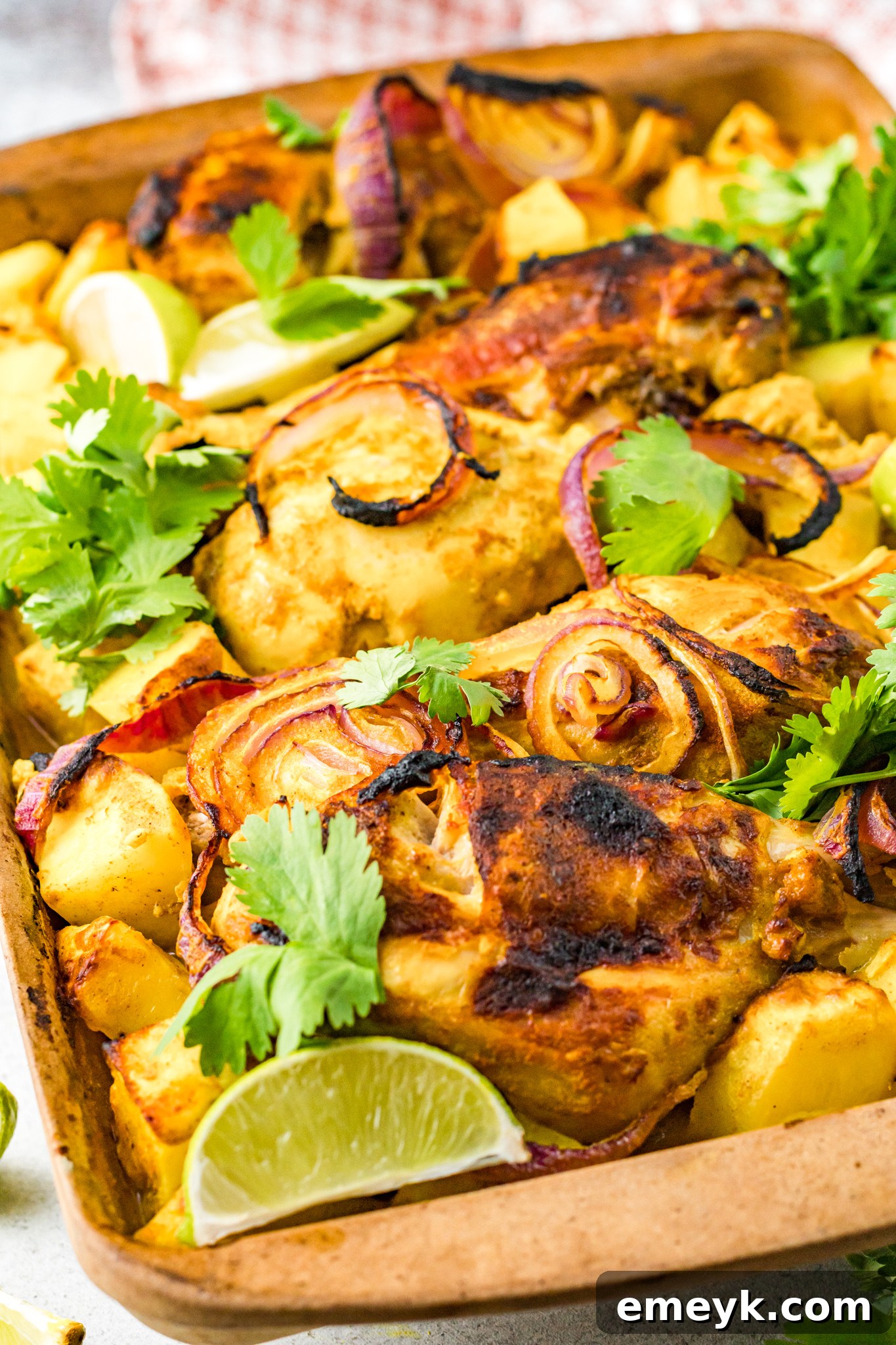 Crispy Air Fryer Tandoori Chicken Legs 10 A close-up of Air Fryer Tandoori Chicken Legs, garnished with sliced red onion and fresh cilantro, served on a dark plate.