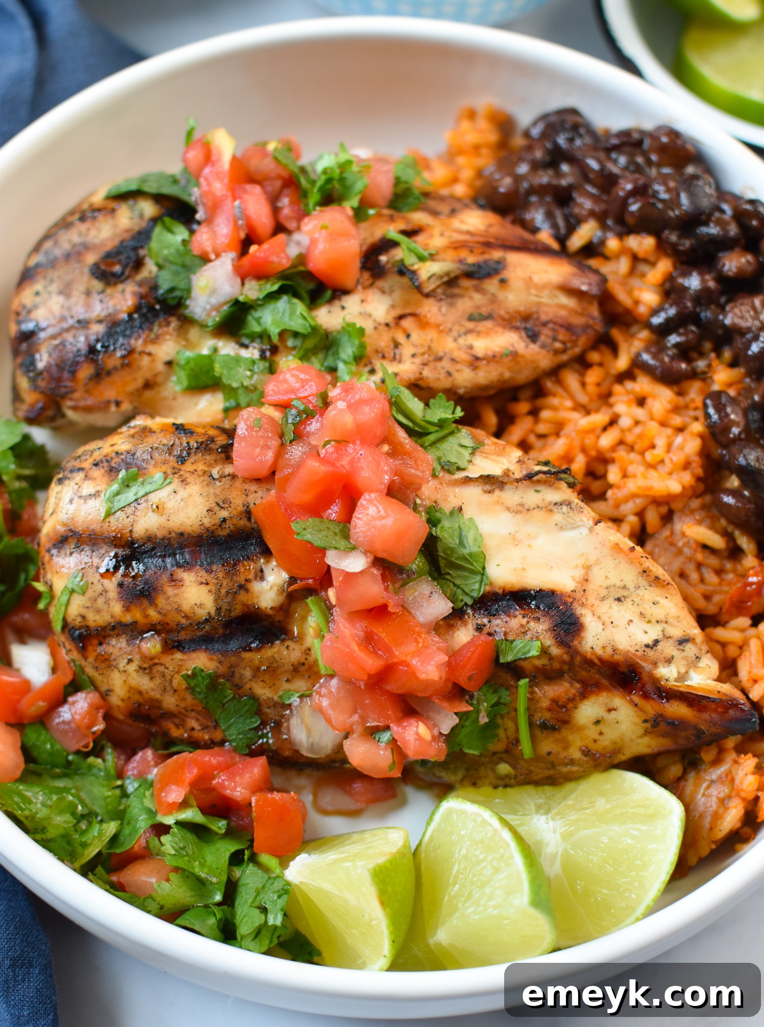 Tequila-Lime Grilled Chicken 2 A vibrant Margarita Grilled Chicken rice bowl, garnished with fresh pico de gallo and cilantro.