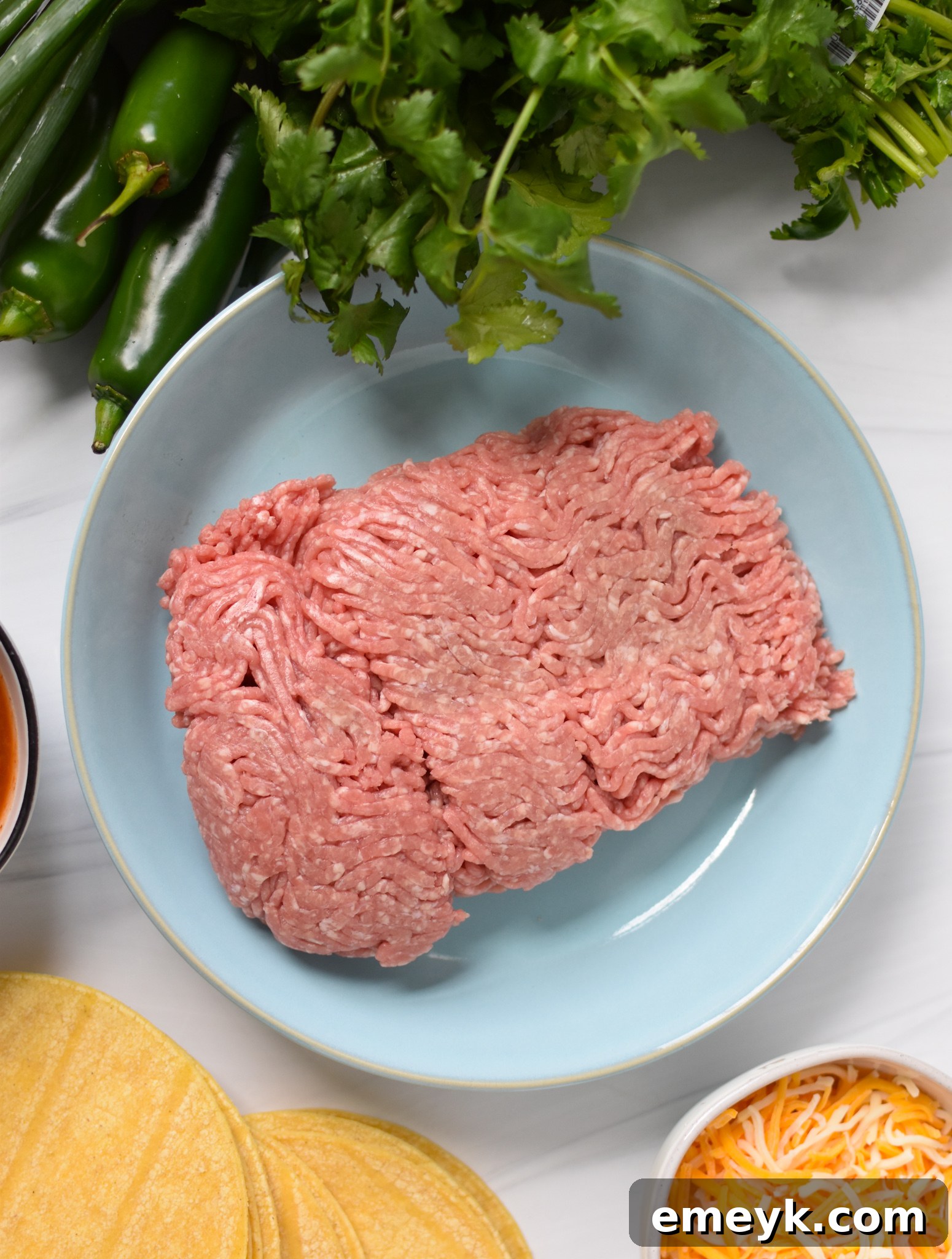 A collection of fresh ingredients for Air Fryer Pork Taquitos, including corn tortillas, ground pork, and various spices.