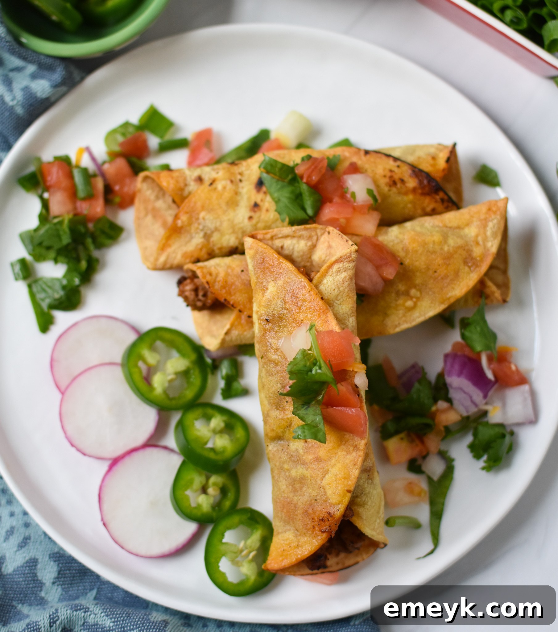 Air Fryer Pork Taquitos served with sliced radishes and fresh herbs for garnish.