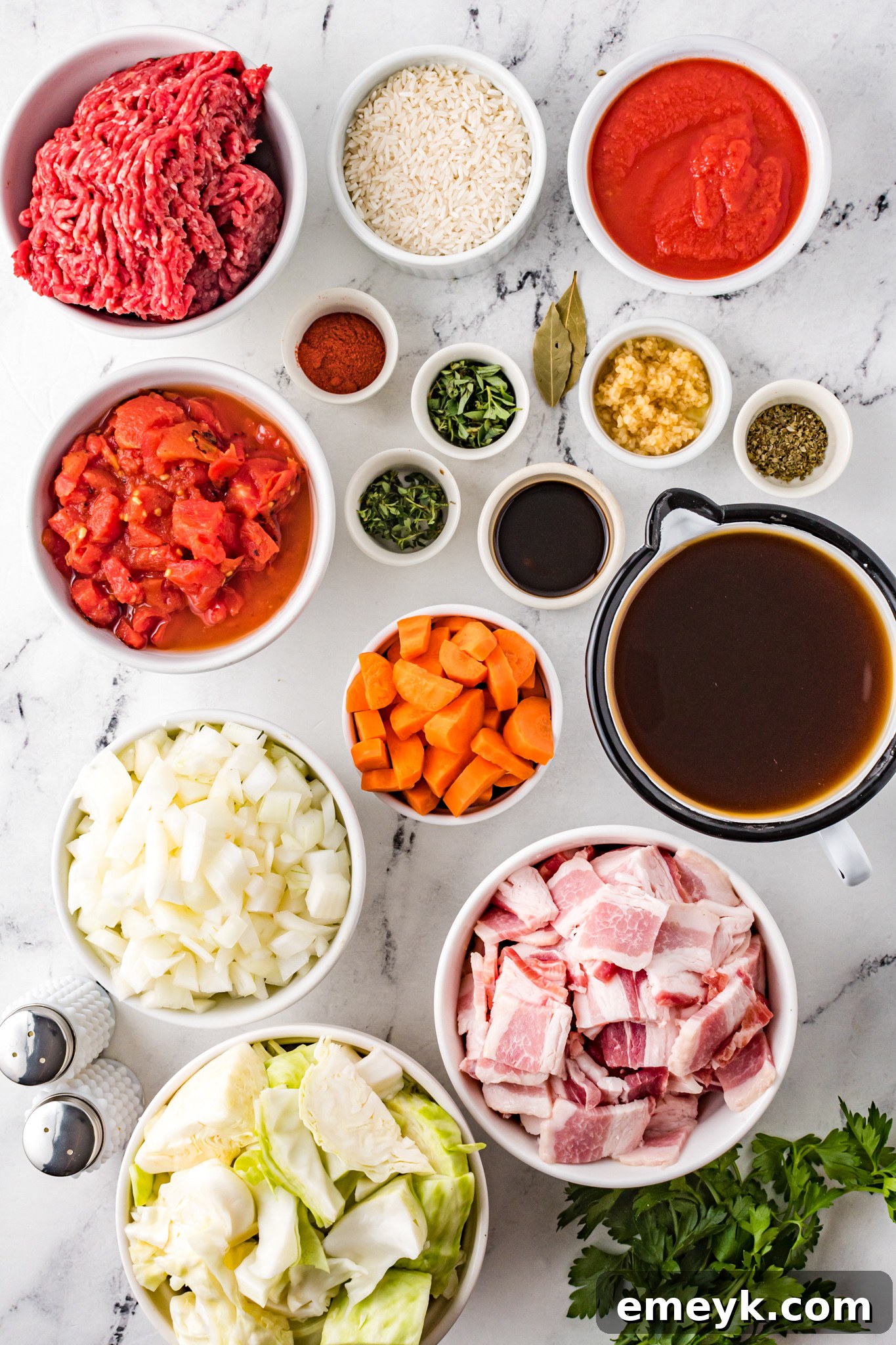 Unrolled Cabbage Soup 3 Fresh ingredients laid out for Cabbage Roll Soup preparation.