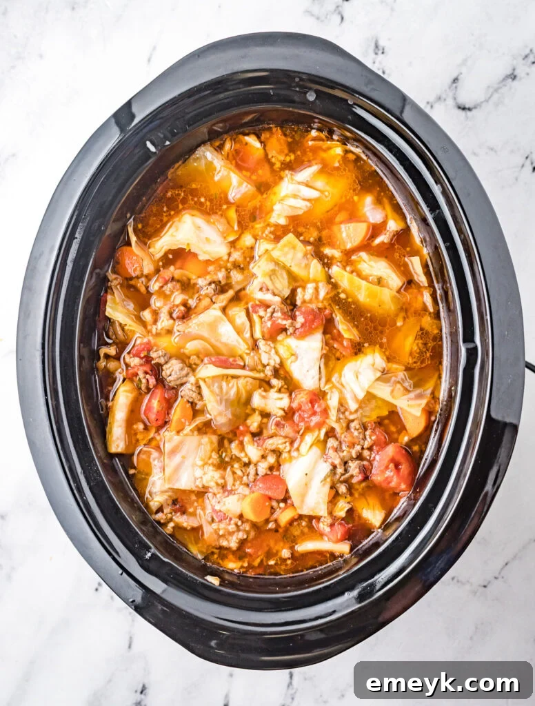 Unrolled Cabbage Soup 6 Cooked Cabbage Roll Soup in a slow cooker, ready to be served.