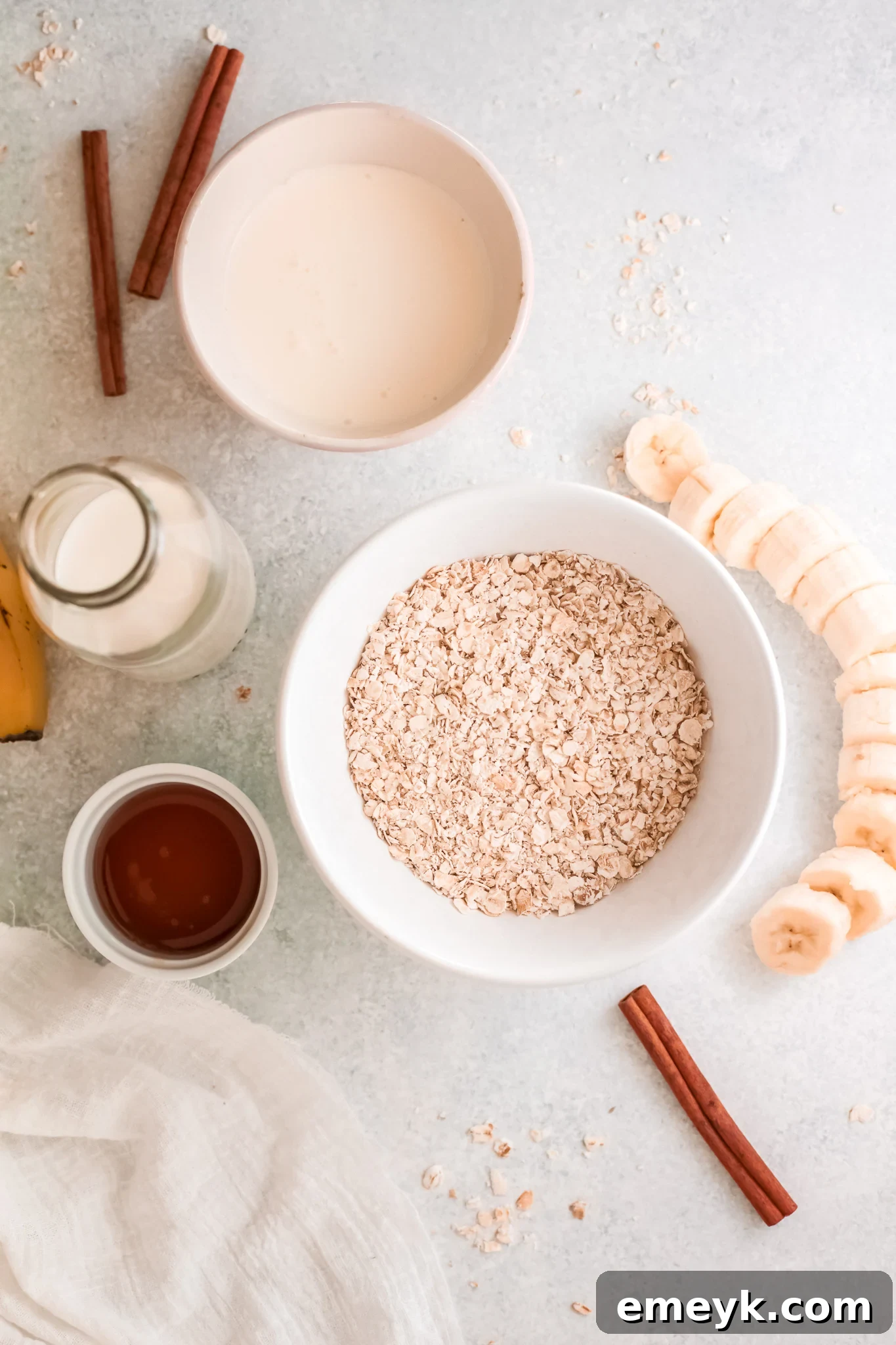 All the fresh ingredients for an Oat Smoothie Recipe laid out on a table.