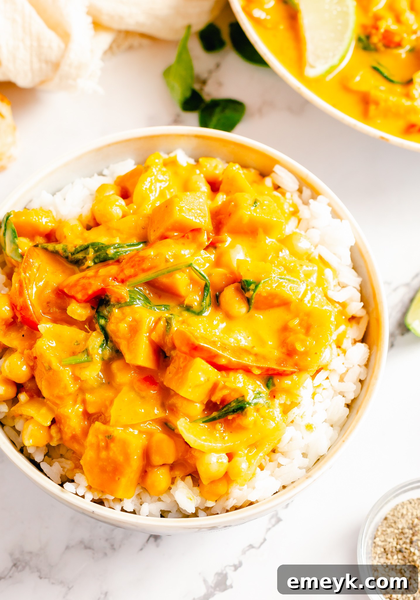 Velvety Pumpkin Curry 4 A bowl of Pumpkin Curry served with fluffy white rice, ready to be enjoyed.