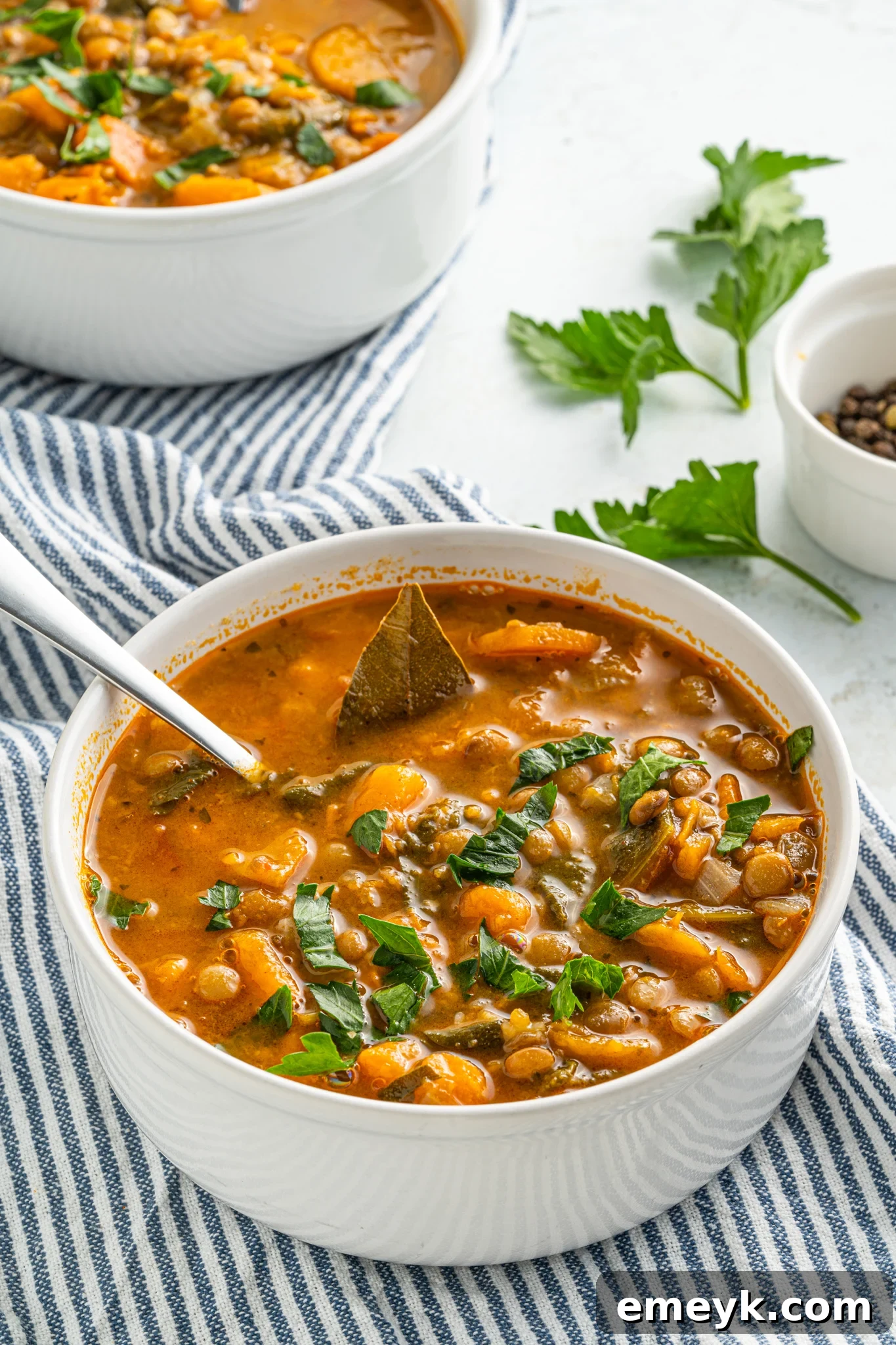 A steaming bowl of hearty Sweet Potato Lentil Soup with a spoon, garnished with fresh herbs, ready to be enjoyed.