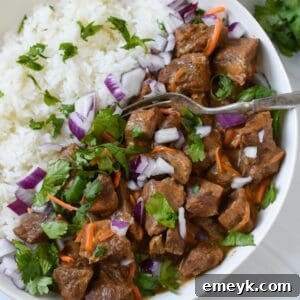 Hero shot of Slow Cooker Beef Curry, perfectly garnished and ready to serve.