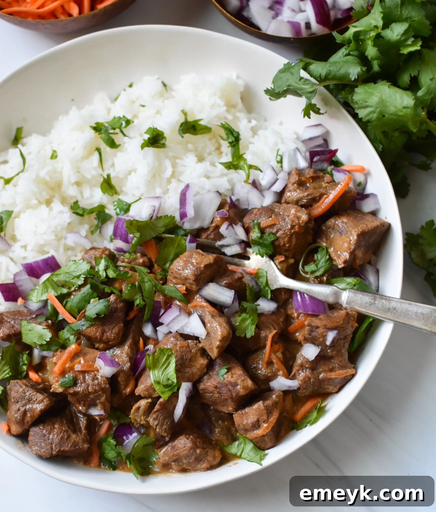 A close-up of Slow Cooker Beef Curry being enjoyed with a fork, highlighting the tender beef and vibrant sauce.