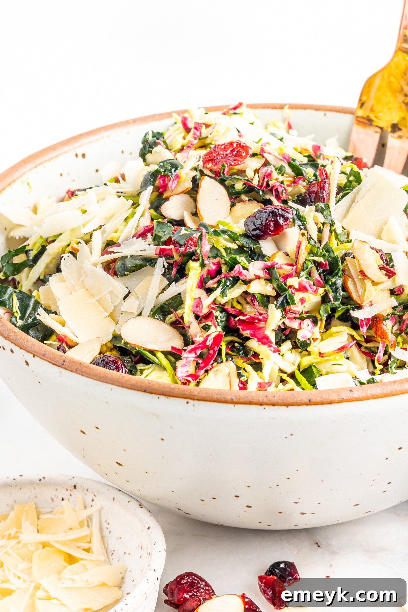 Vibrant Kale Crunch 2 Winter Coleslaw Salad in a white bowl with a gold fork.