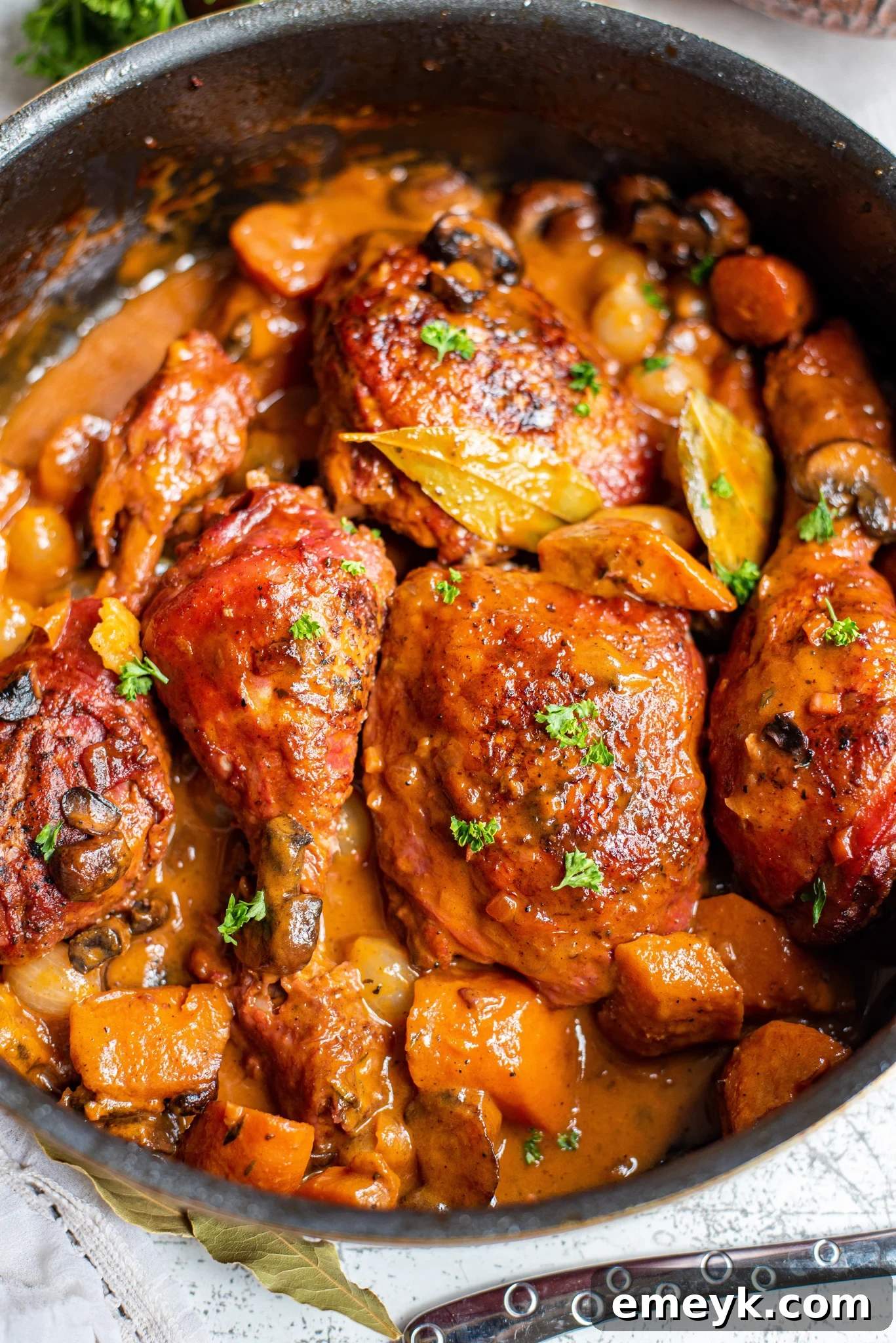 Coq au Vin Recipe in a pot, showcasing its rich texture and ingredients.